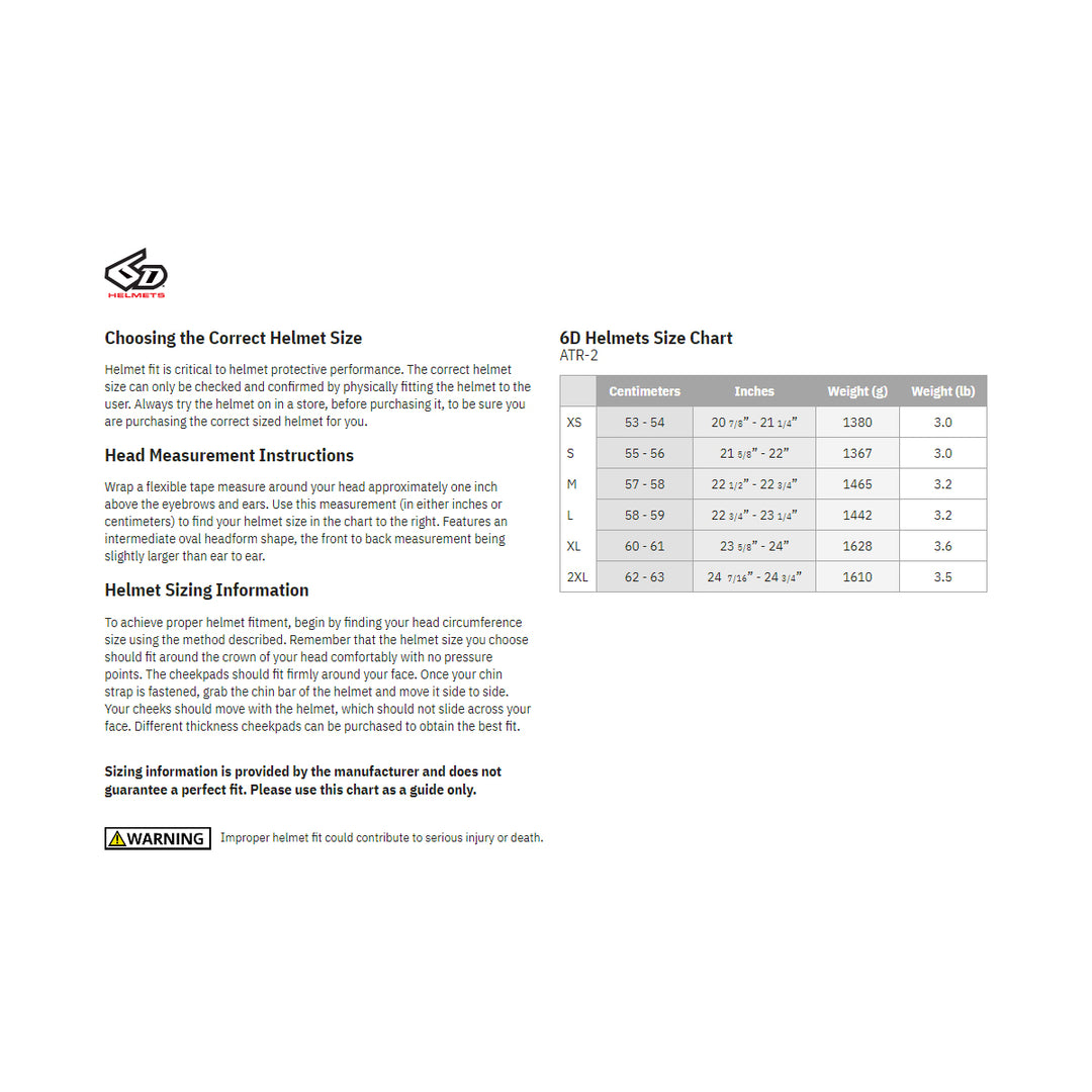 6D Helmets ATR-2 Phase Helmet - Size Guide