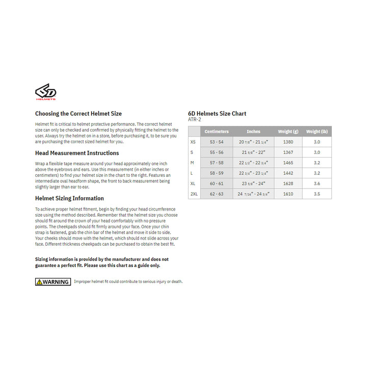 6D Helmets ATR-2 Phase Helmet - Size Guide
