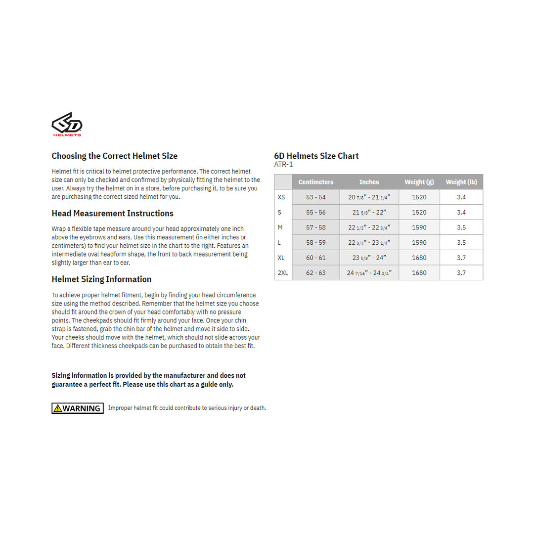 6D Helmets ATR-1 Stealth Helmet - Size Guide