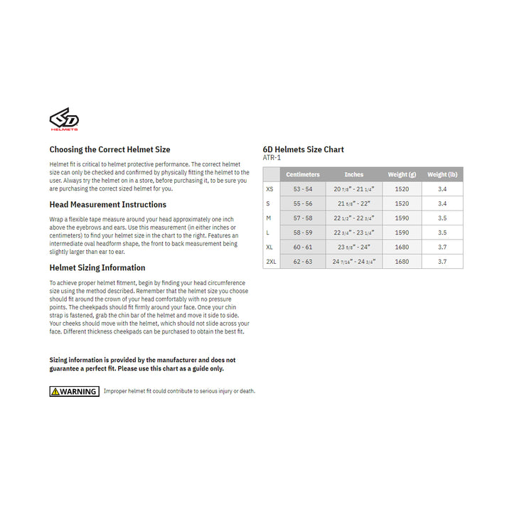 6D Helmets ATR-1 Stealth Helmet - Size Guide