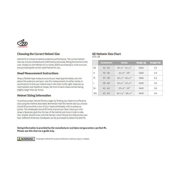 6D Helmets ATS-1R Alpha Helmet - Size Guide