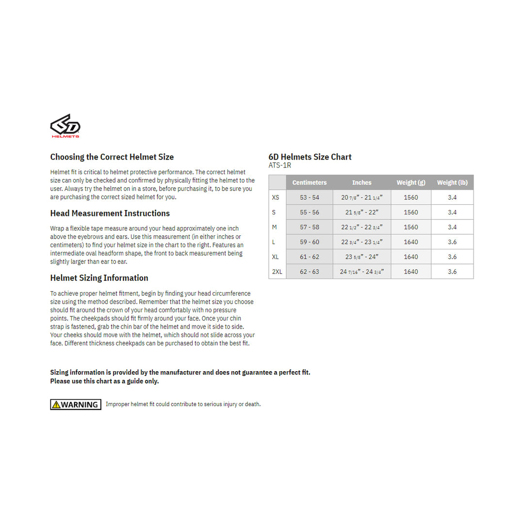 6D Helmets ATS-1R Solid Helmet - Size Guide