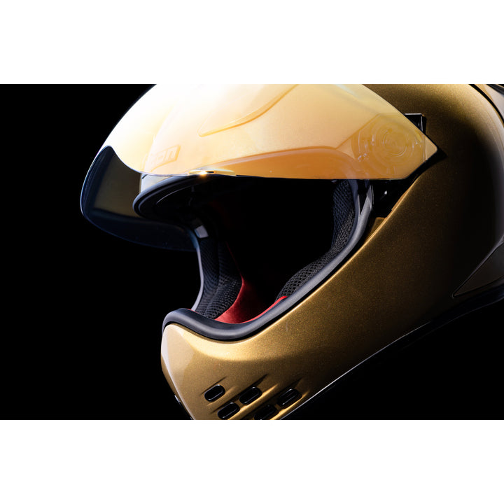 ICON Domain™ Cornelius Helmet Gold - Close-Up of Viewport with Faceshield Raised