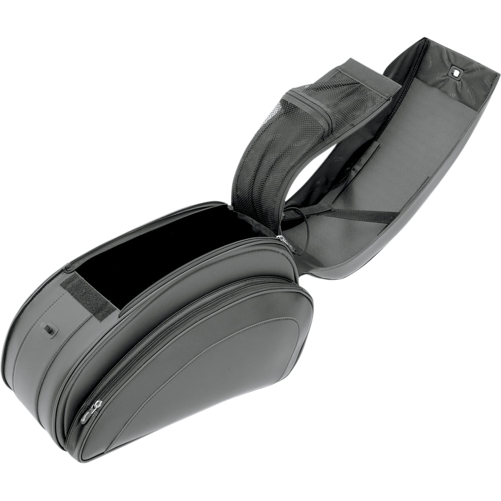 SADDLEMEN Cruis'n Deluxe Saddlebags with Mounting Hardware - Angled Side View with Top Cover and Lid Open