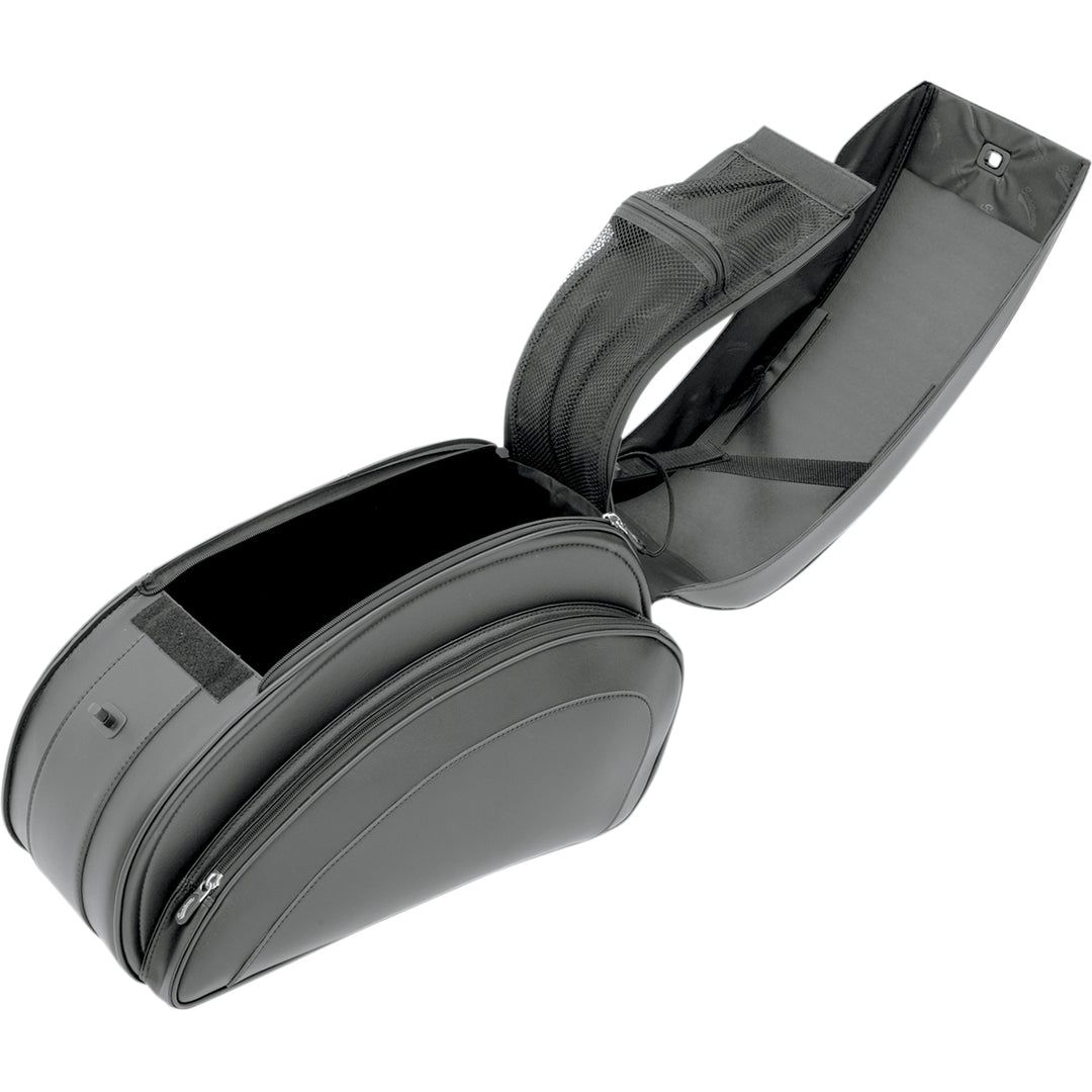SADDLEMEN Cruis'n Deluxe Saddlebags with Mounting Hardware - Angled Side View with Top Cover and Lid Open