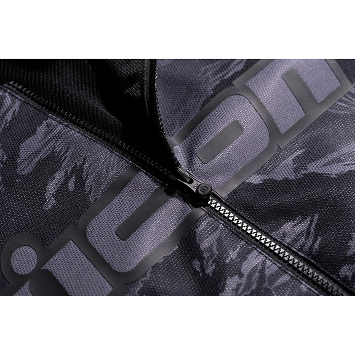 ICON Hooligan CE Tiger's Blood Jacket Gray - Close-Up of Partially Unzipped Front Zipper