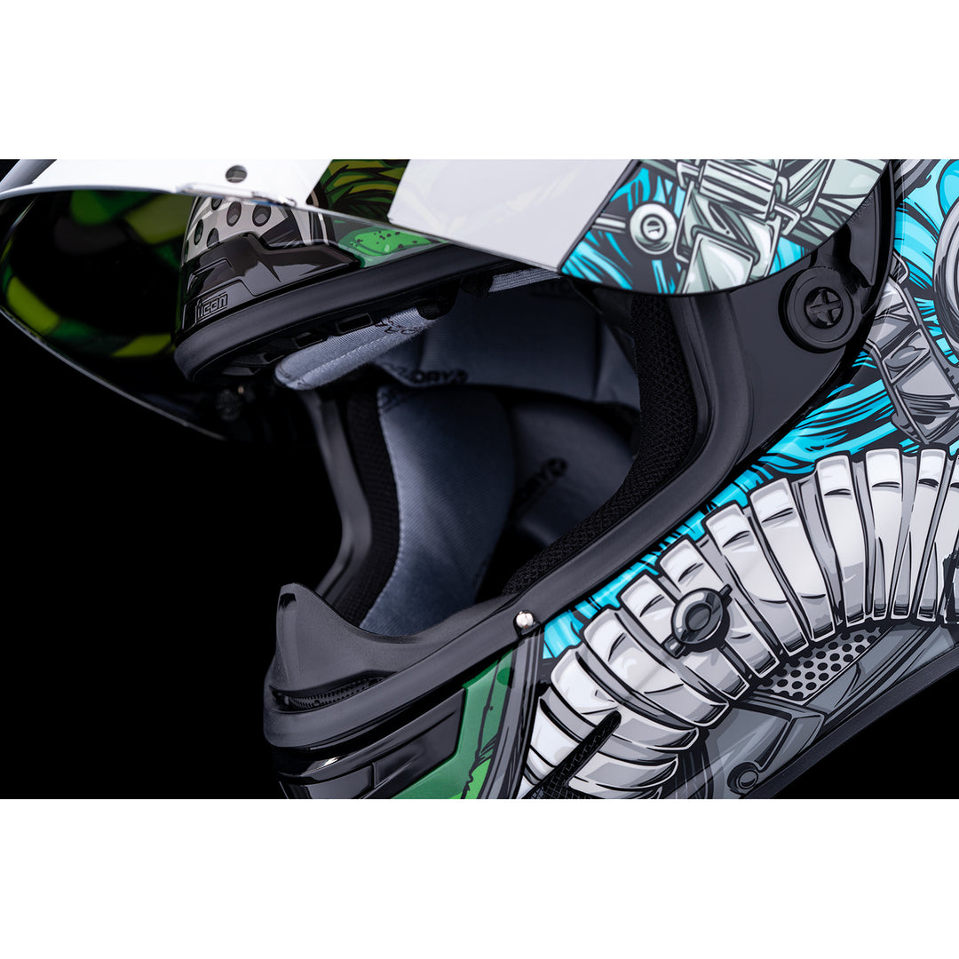 ICON Airframe Pro™ Outbreak Helmet Blue - Close-Up of Viewport with Faceshield Raised