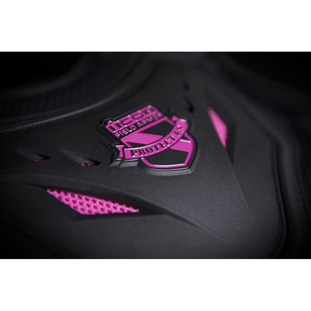 ICON Stryker Woman's Vest BLK - Close-Up of Logo on Chest Plate