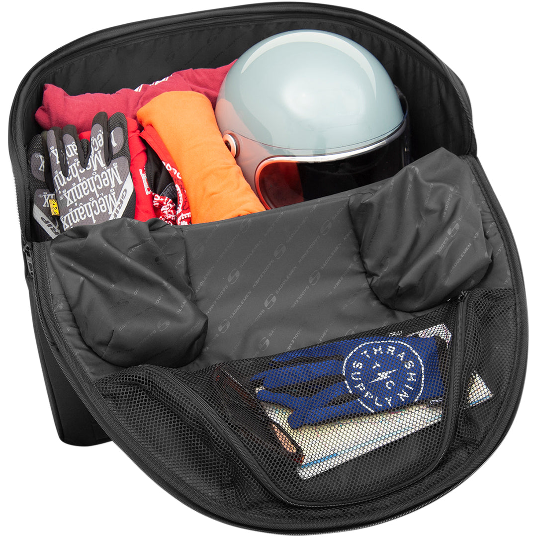 SADDLEMEN BR4100 Tactical Seat Bag - Top View with Lip Opened, Showing Gear Packed Inside