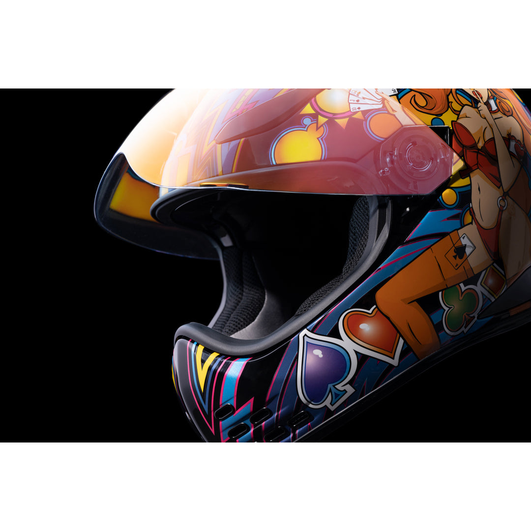 ICON Domain™ Lucky Lid 4 Helmet Red - Close-up of Viewport with Faceshield Raised