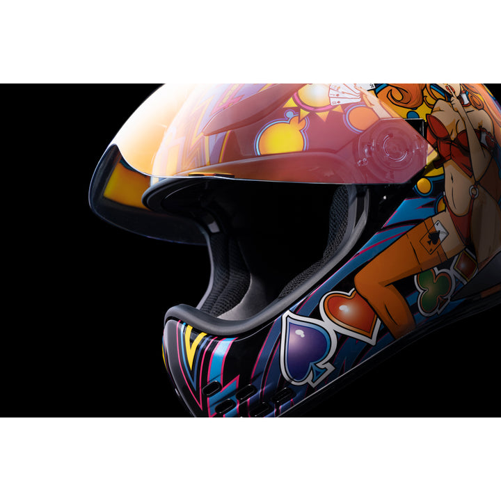 ICON Domain™ Lucky Lid 4 Helmet Red - Close-up of Viewport with Faceshield Raised
