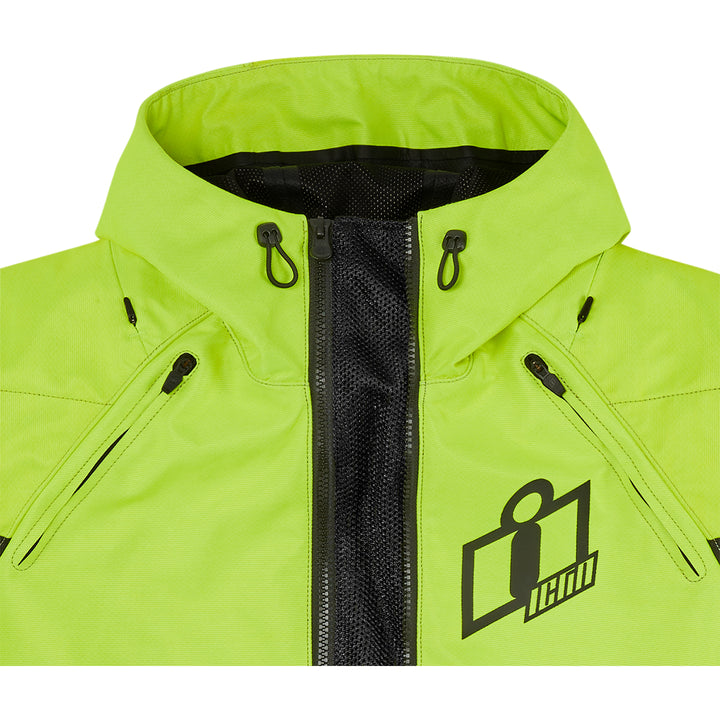ICON Airform Jacket Vis - Close-Up of Expanded Mesh in Unzipped Front Zipper at Collar