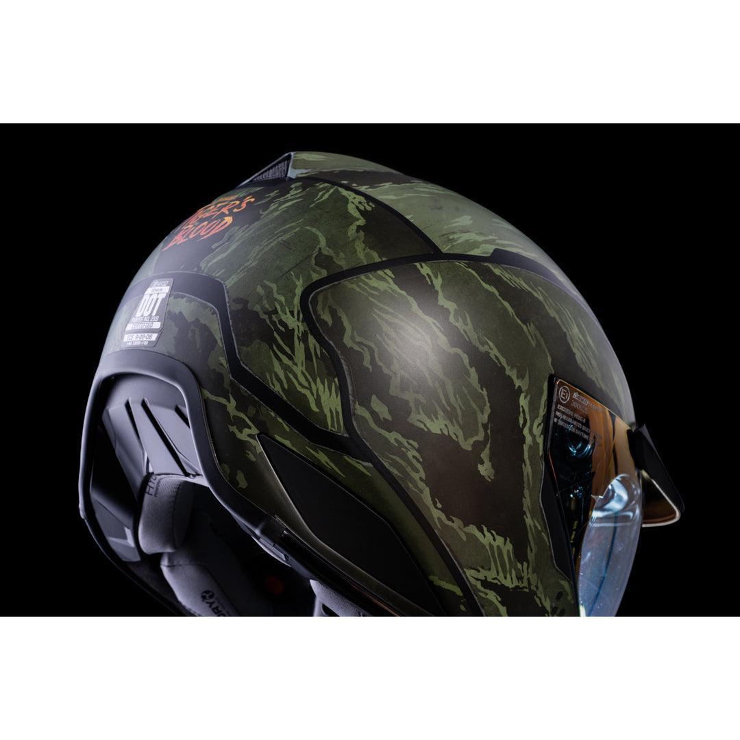 ICON Domain™ Tiger's Blood Helmet Green - Close-Up of Rear Right Side Details