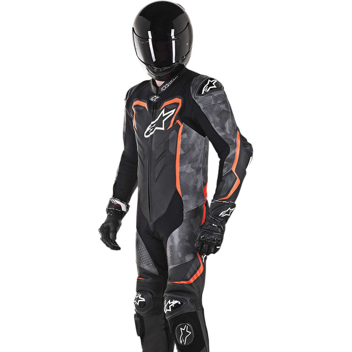Alpinestars GP Plus Camo 1-Piece Leather Suit Black/Charcoal/Red - Front Side View of Model Wearing Suit