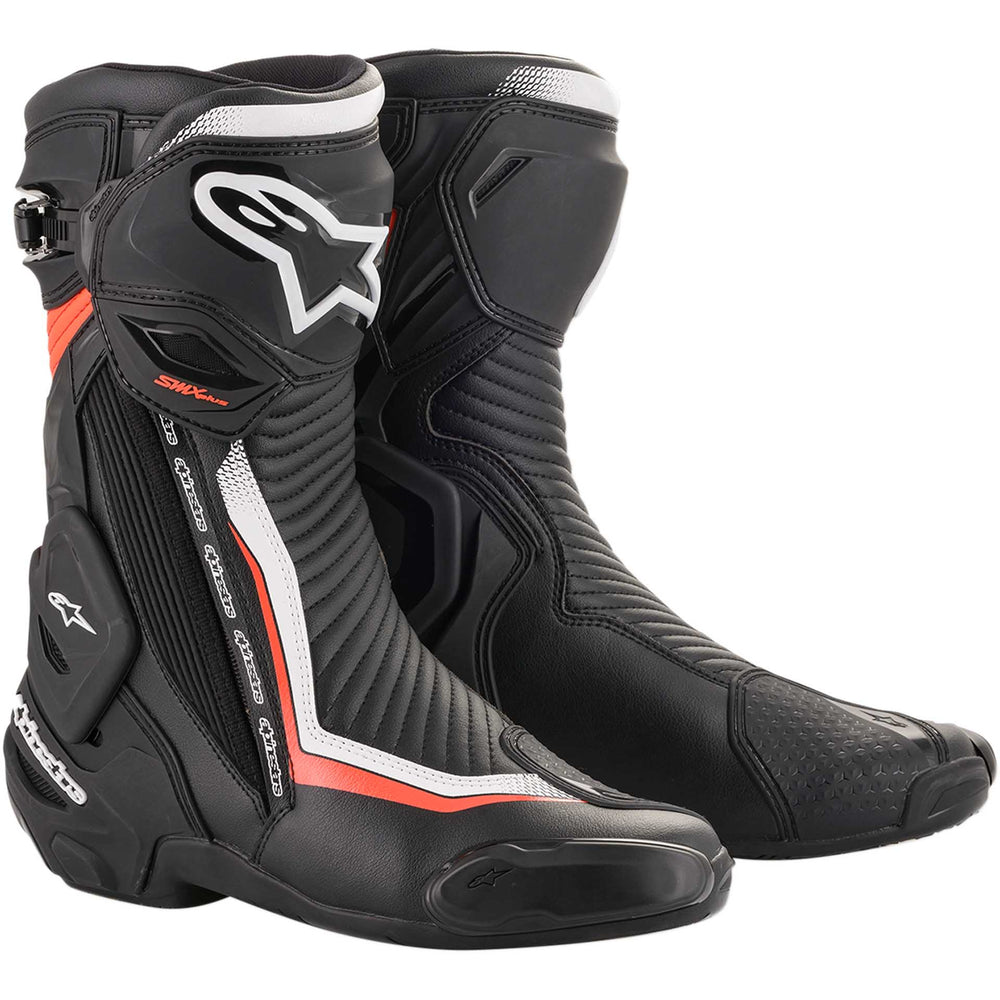 Alpinestars SMX Plus Boots Black/White/Red Fluorescent - Front Side View of Pair