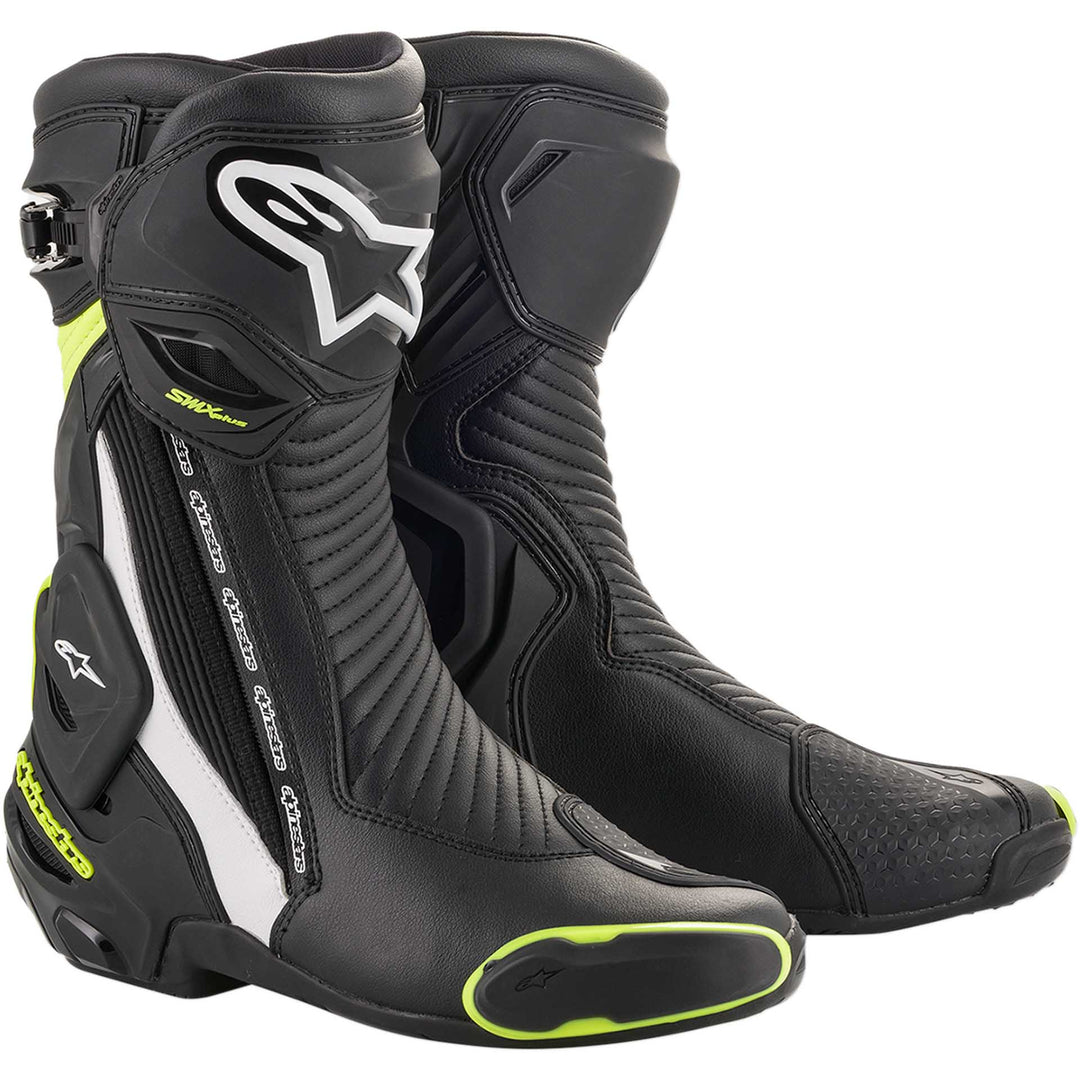 Alpinestars SMX Plus Boots Black/White/Yellow Fluorescent - Front Side View of Pair