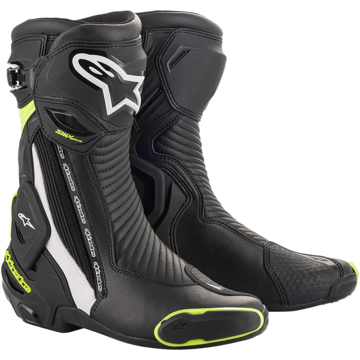 Alpinestars SMX Plus Boots Black/White/Yellow Fluorescent - Front Side View of Pair