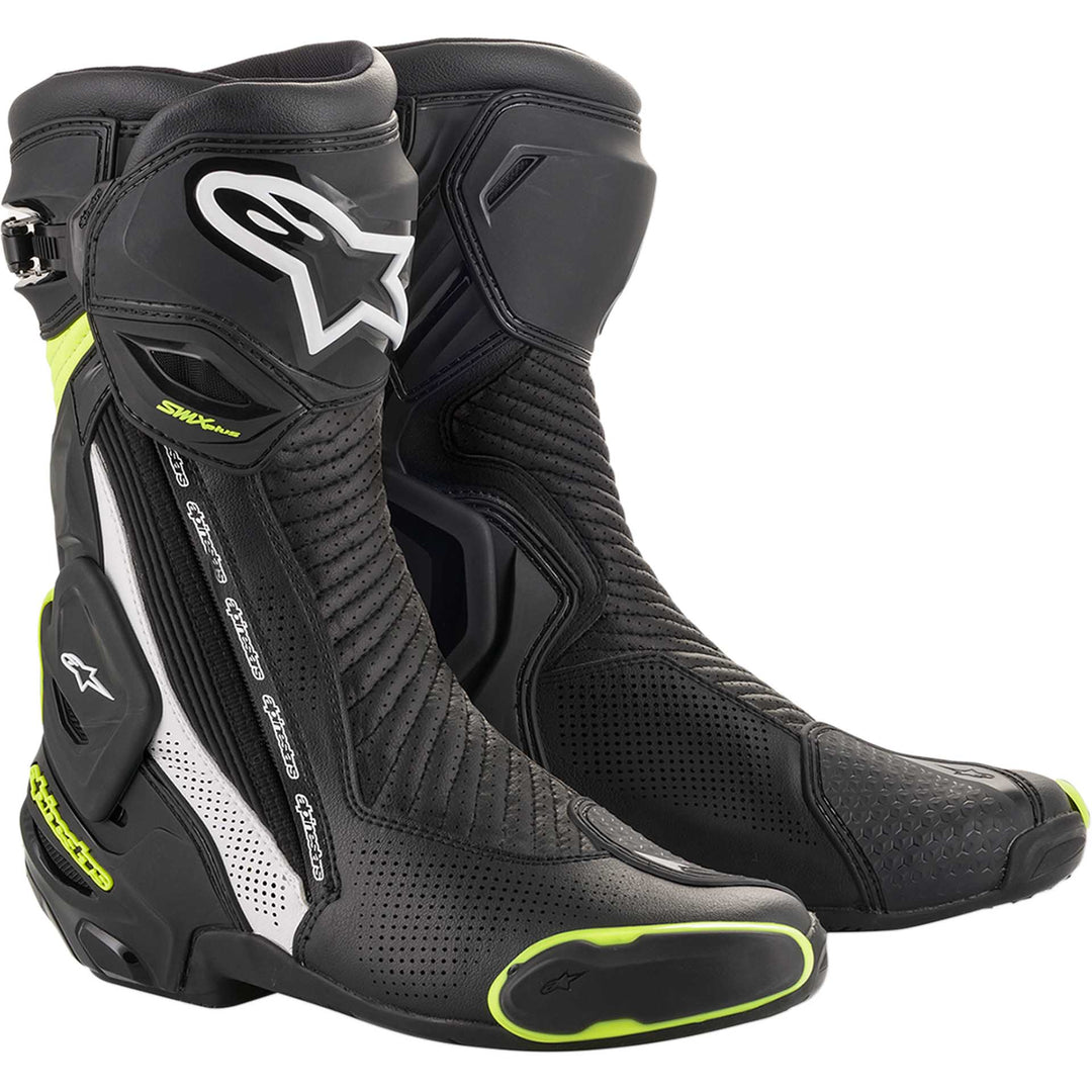 Alpinestars SMX Plus Vented Boots Black/White/Yellow - Front Side View of Pair