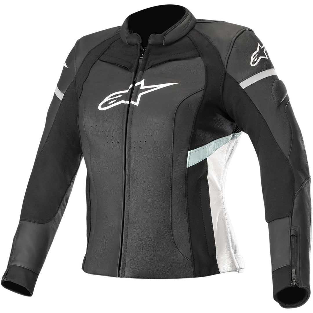 Alpinestars Stella Kira Leather Jacket Black/White/Teal - Front View