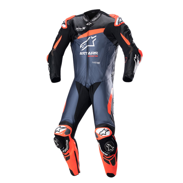Alpinestars GP Plus v4 Leather Suit Black/Red Fluo/Blue - Front View