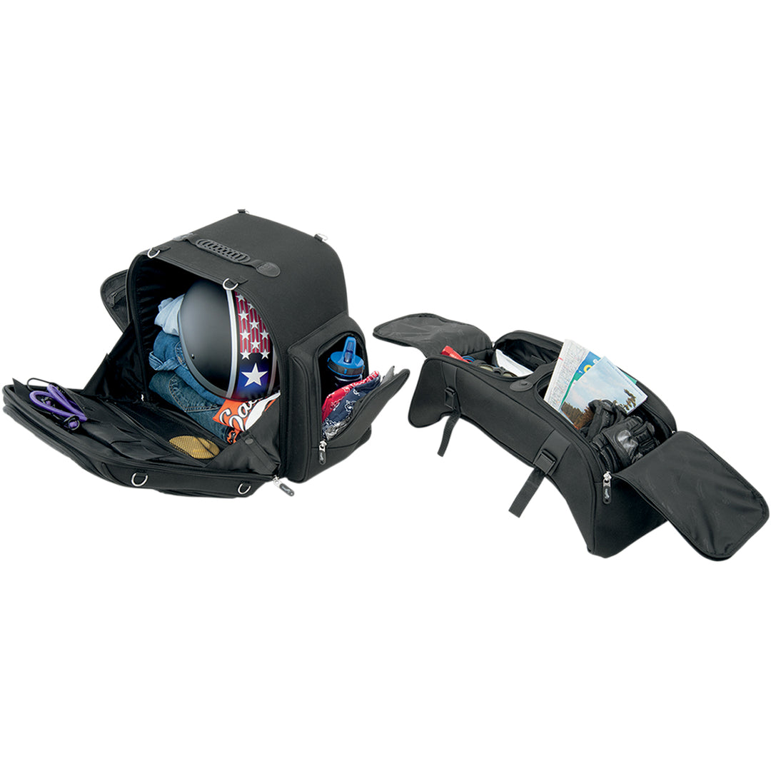 SADDLEMEN FTB3600 Sport Sissy Bar and Combo Bag - Front Side View with Top Pockets Detached, All Pockets Open to Show Packed Gear