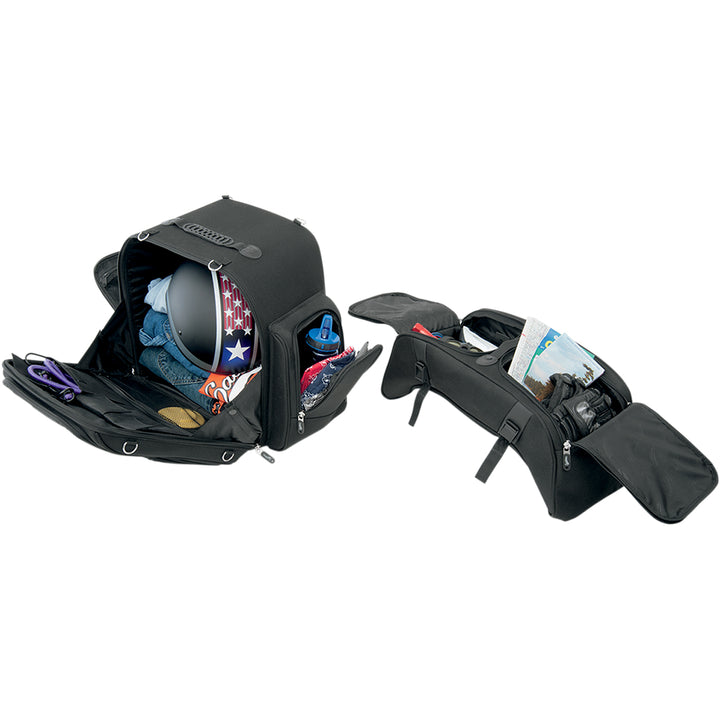 SADDLEMEN FTB3600 Sport Sissy Bar and Combo Bag - Front Side View with Top Pockets Detached, All Pockets Open to Show Packed Gear