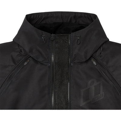 ICON Airform Jacket Black - Close-Up of Expanded Mesh in Unzipped Front Zipper at Collar