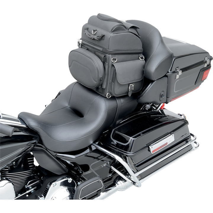 SADDLEMEN BR1800EX Combination Backrest, Seat, and Sissy Bar Bag - Angled Side View of Bag Set on Motorcycle Passenger Seat