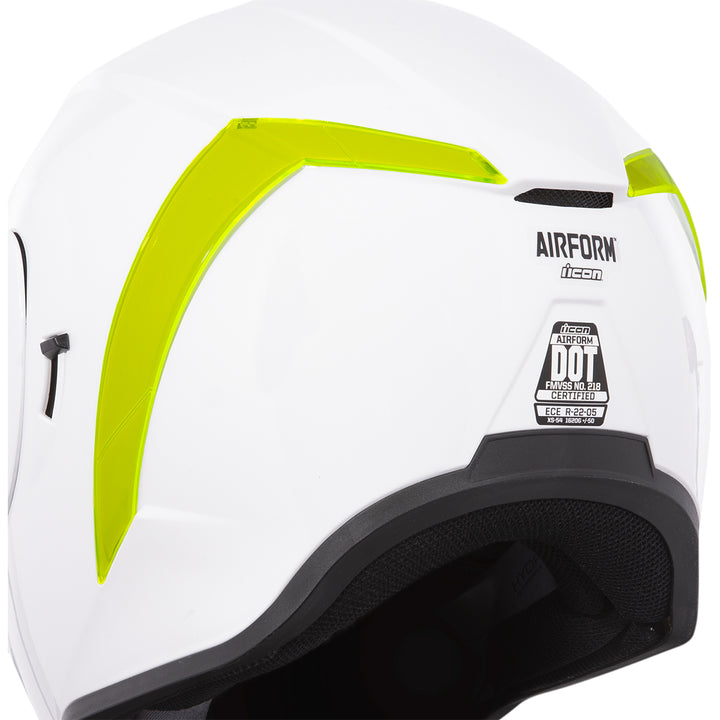 ICON Airform™ Helmet Rear Spoiler Dayglo Green - Rear Side View of Spoiler Set Installed on White Helmet