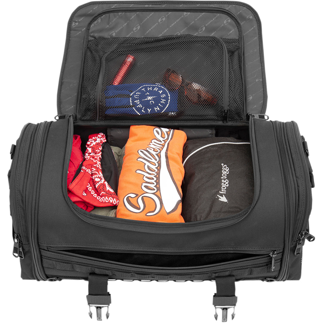 SADDLEMEN TR3300 Tactical Deluxe Rack Bag - Top View with open Top Section, Showing Gear Packed Inside