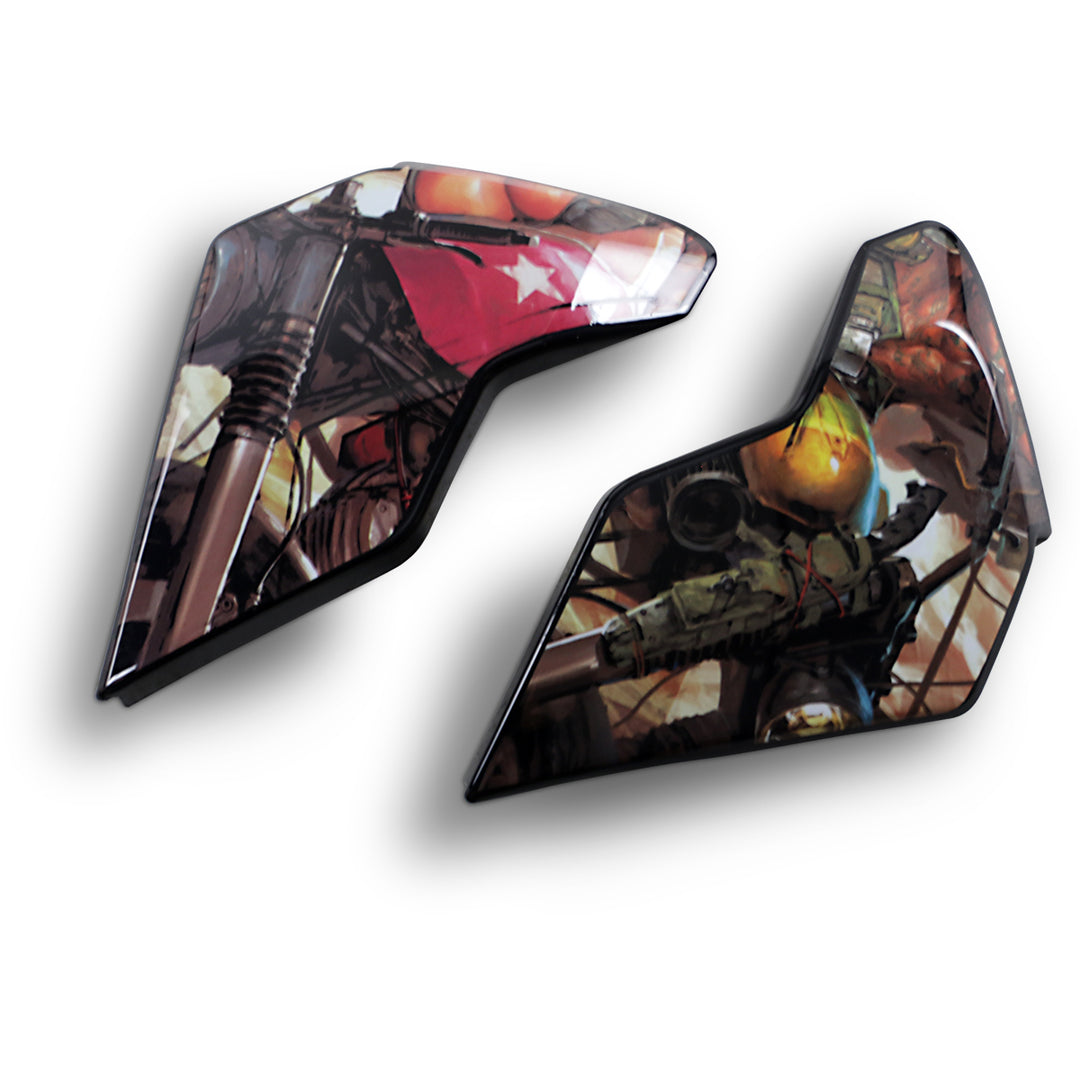 ICON Airflite™ Helmet Side Plates — Pleasuredome 3 Brown - Angled Side View of Pair