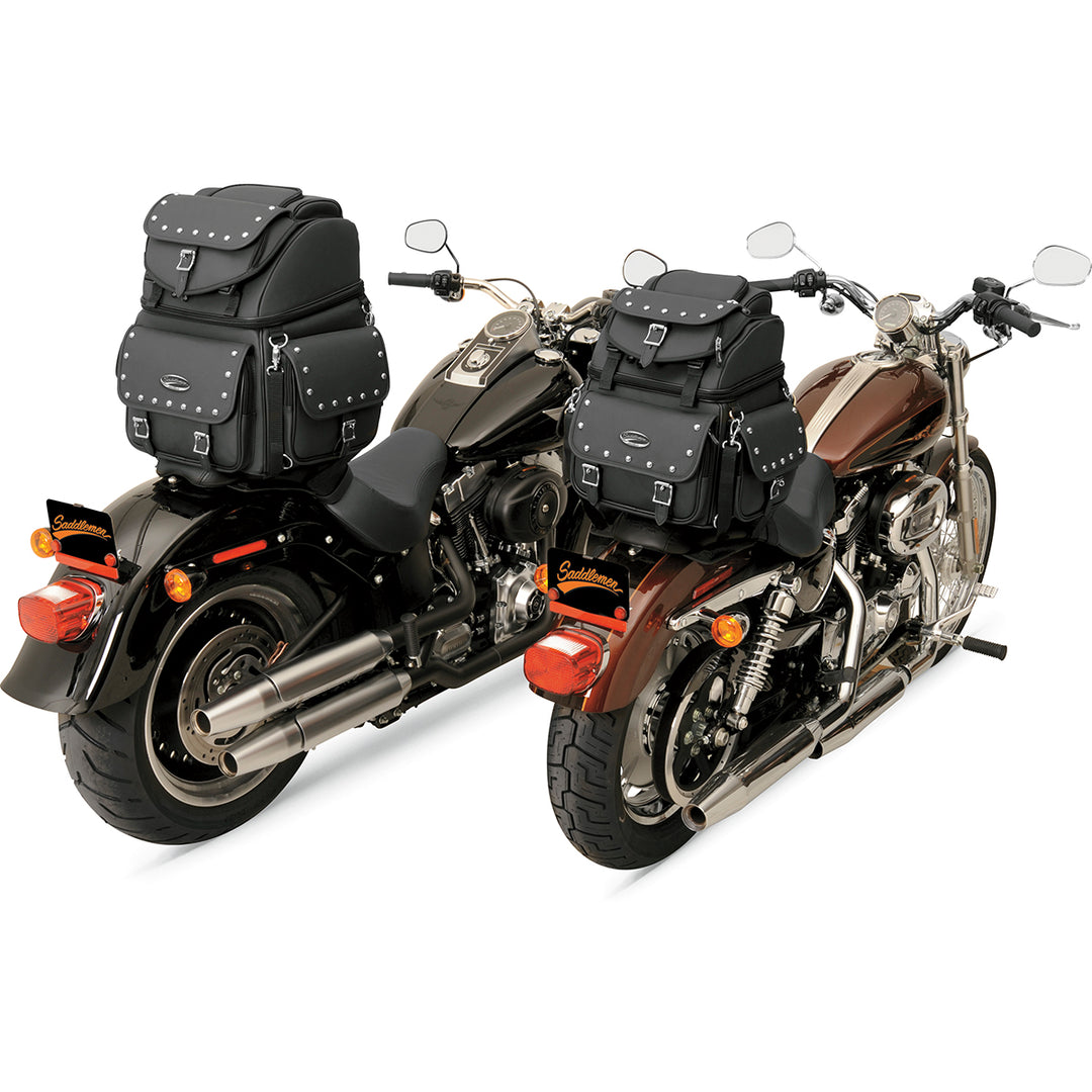 SADDLEMEN BR3400EXS Combination Backrest, Backseat, and Sissy Bar Bag - Front Side View of Pair Attached to Tails of Two Motorcycles