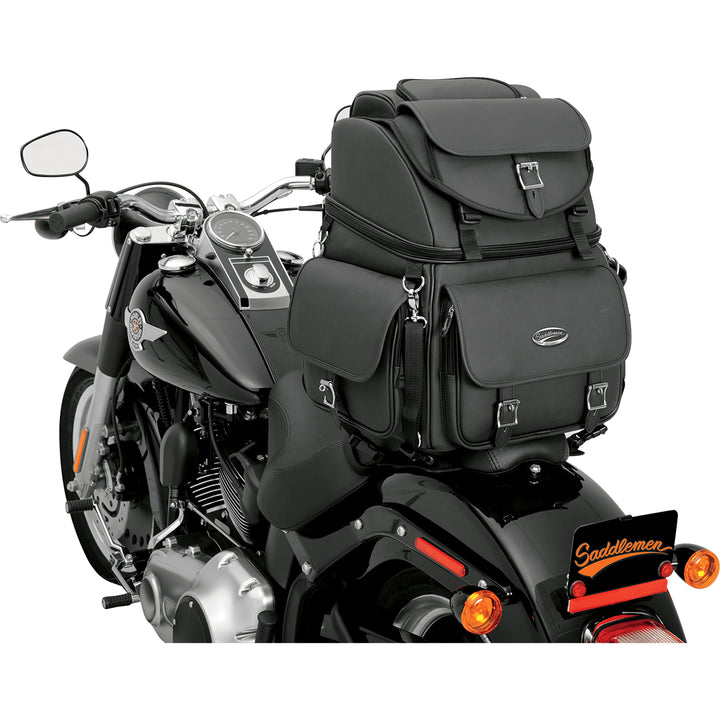 SADDLEMEN BR3400EX Combination Backrest, Backseat, and Sissy Bar Bag - Front Side View of Bag Attached to Motorcycle Tail