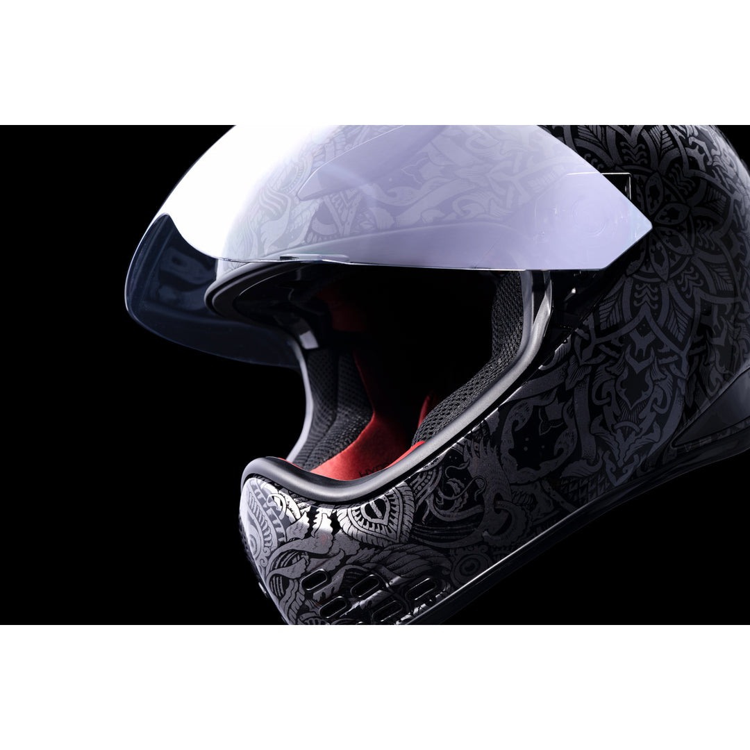 ICON Domain™ Gravitas Helmet Black - Close-Up of Viewport with Faceshield Raised