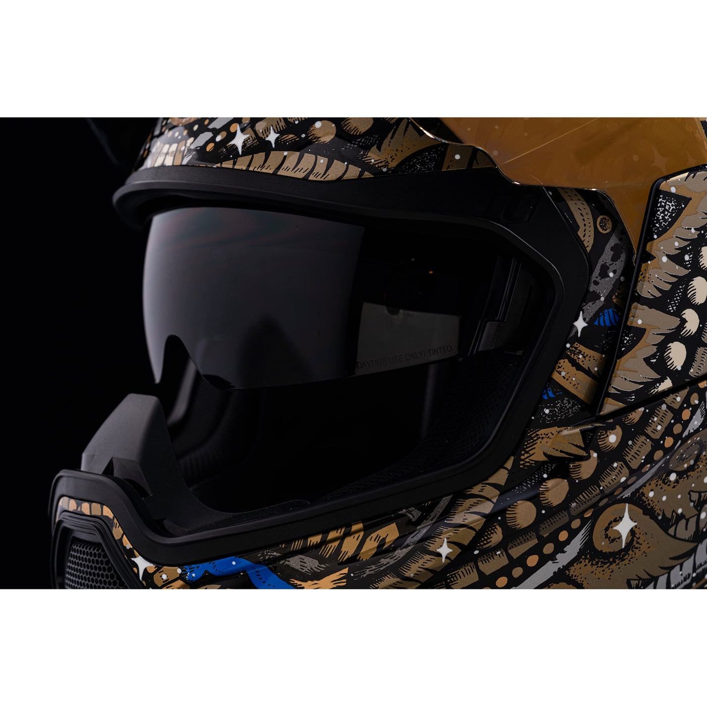 ICON Airflite™ Daytripper Helmet Gold - Close-Up of Viewport with Faceshield Raised and Drop Down Sun Visor Lowered