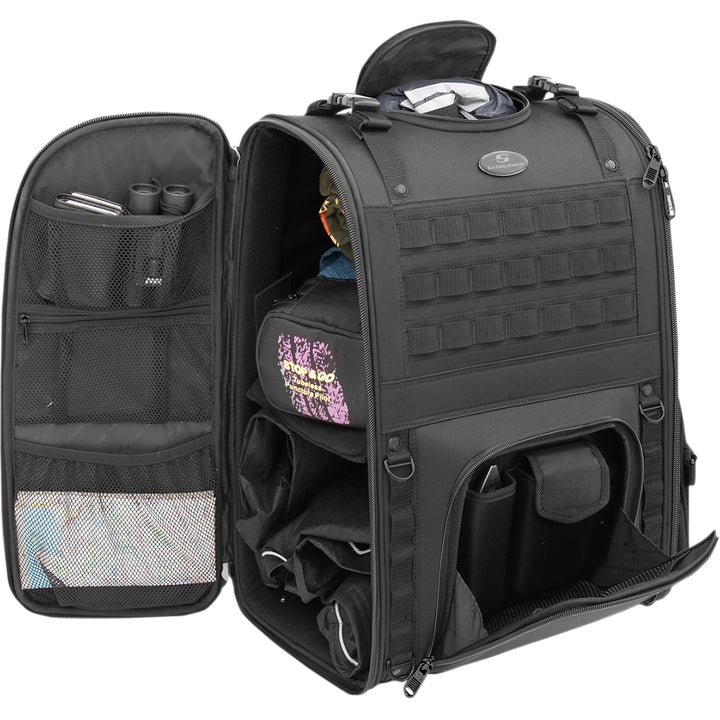 SADDLEMEN S3500 Tactical Sissy Bar Bag - Front Side View with Open Side and Front Pocket, Showing Gear Packed Inside