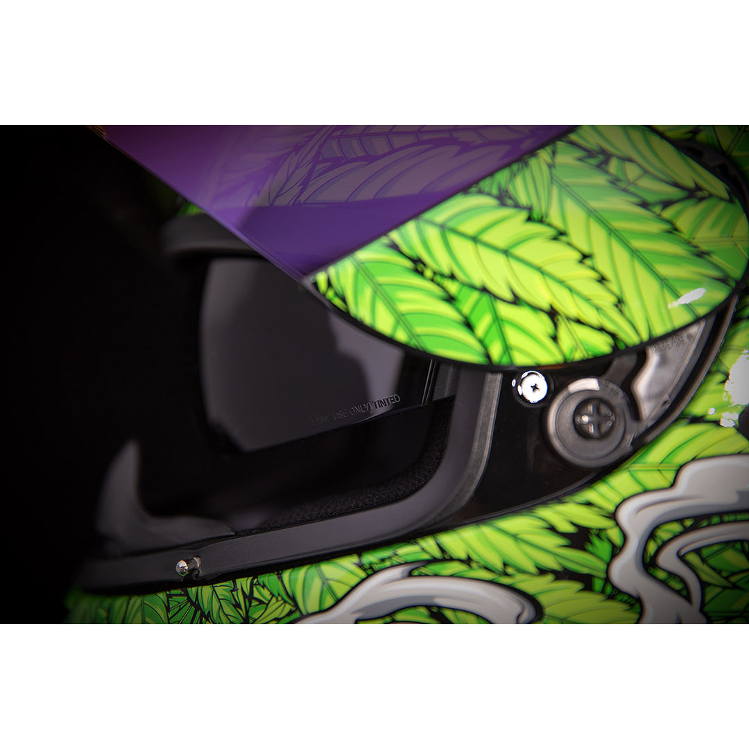 ICON Airform™ Ritemind Glow™ Helmet Green - Close-Up of Viewport with Faceshield Raised and Drop Down Sun Visor Lowered