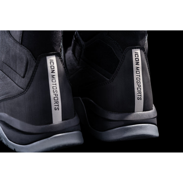 ICON Alcan Waterproof Boots Black - Close-Up of Logos on Back of Pair