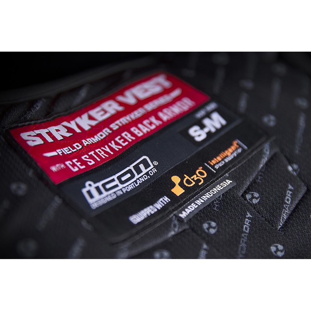 ICON Stryker Vest ORG - Close-Up of Label and Size Tag