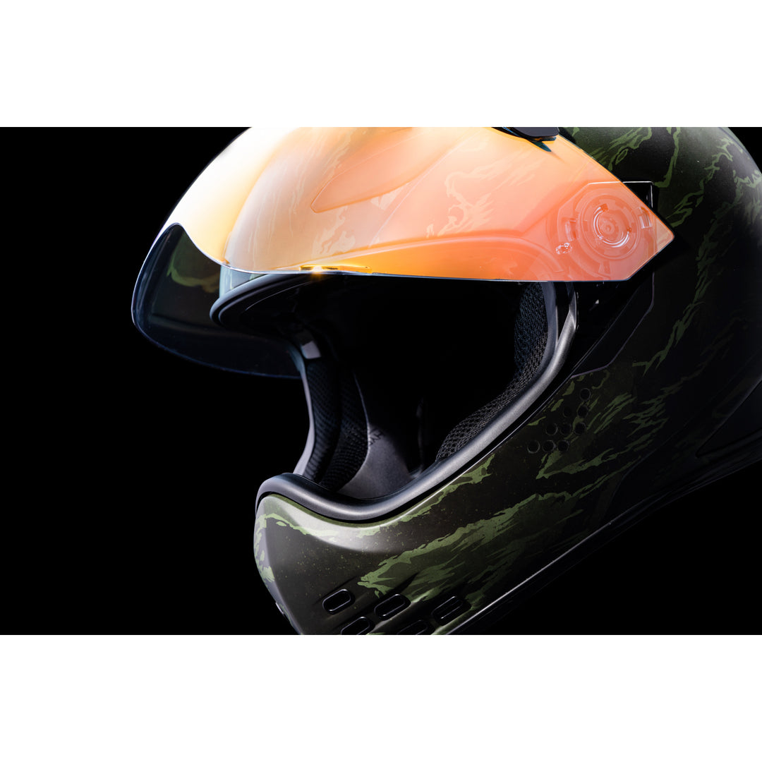 ICON Domain™ Tiger's Blood Helmet Green - Close-Up of Viewport with Faceshield Raised