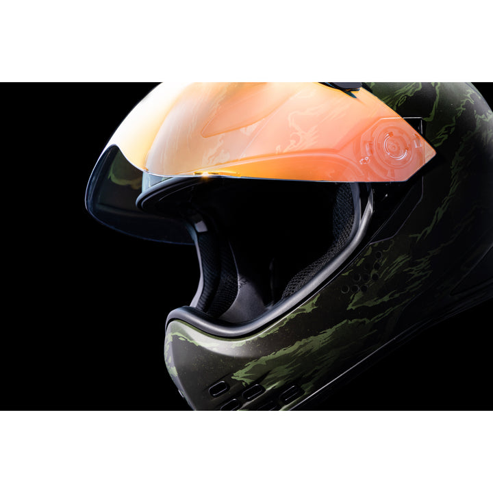 ICON Domain™ Tiger's Blood Helmet Green - Close-Up of Viewport with Faceshield Raised