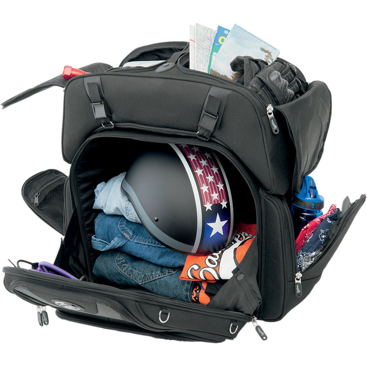 SADDLEMEN FTB3600 Sport Sissy Bar and Combo Bag - Front Side View with All Pockets Open to Show Packed Gear Inside