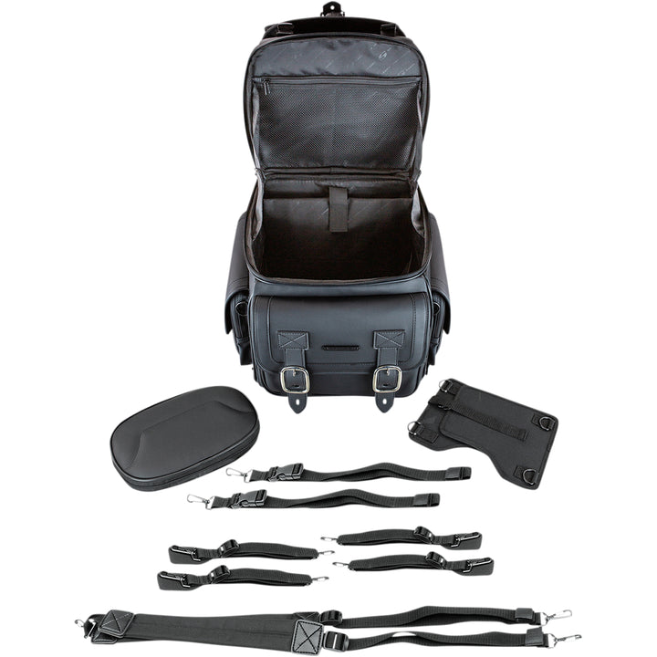 SADDLEMEN BR3400D Sissy Bar Bag - Front Top View with Top Open, and Display of Extra Straps