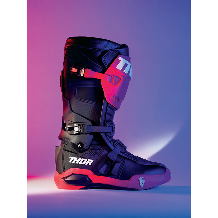 THOR Radial MX Boots Red/Black - Outer Side View in Stylized Studio Lighting