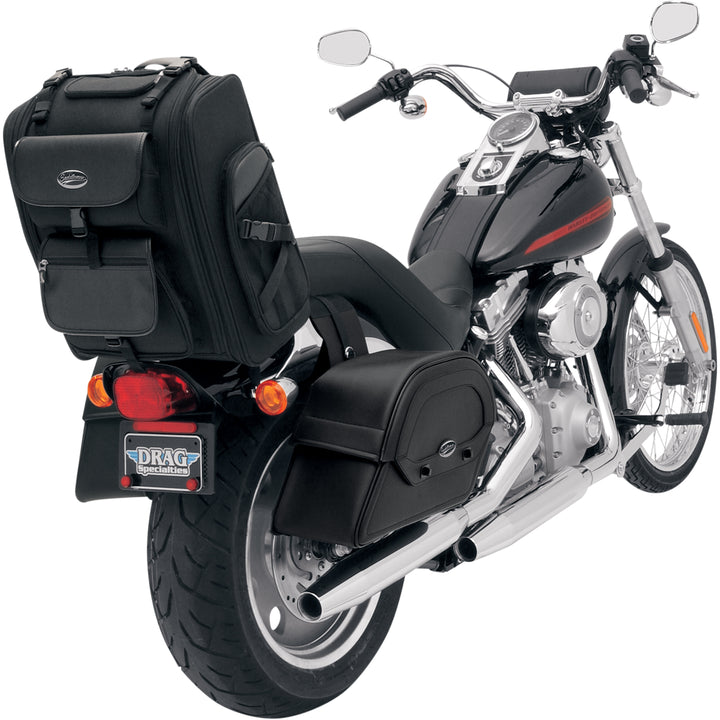 SADDLEMEN S2200E Expandable Sissy Bar Bag - Front Side View Attached to Passenger Backrest