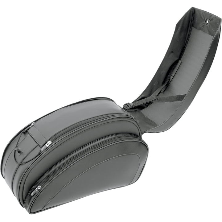 SADDLEMEN Cruis'n Deluxe Saddlebags with Mounting Hardware - Angled Side View with Top Cover Raised Back