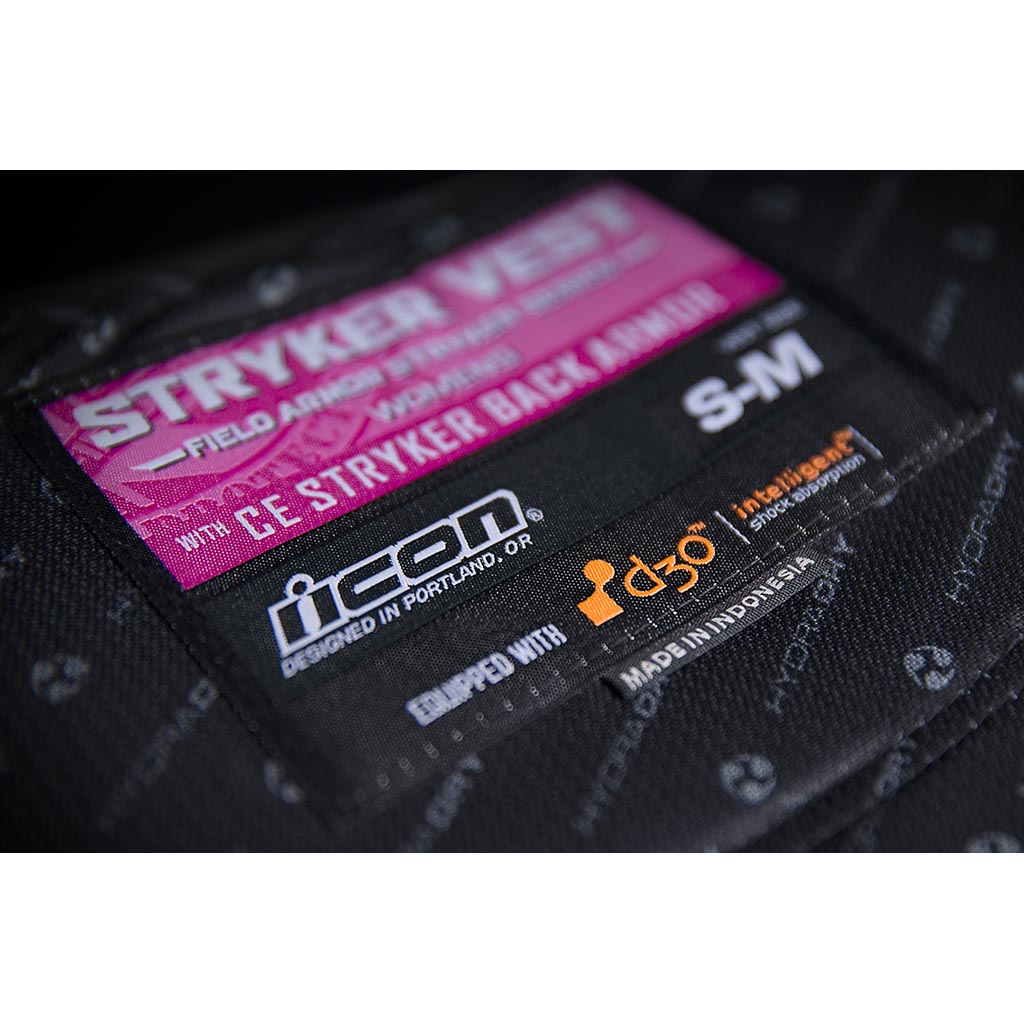 ICON Stryker Woman's Vest BLK - Close-Up of Label and Size Tag