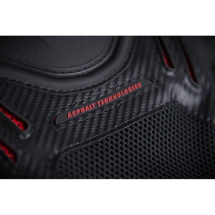 ICON Stryker Vest Red - Close-Up of "Asphalt Technologies" Graphic Under Chest Plate
