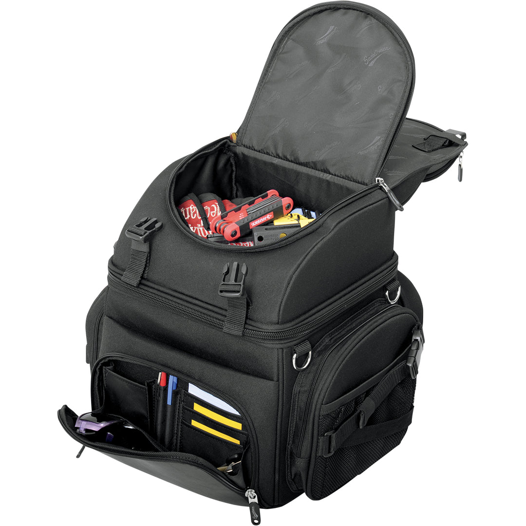SADDLEMEN BR1800 Backseat or Sissy Bar Bags - Open Bag with Tools and Gear Packed Inside
