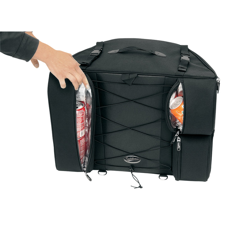 SADDLEMEN BR4100 Dresser Backseat Bag - Front View with Model Opening Side Pockets, Showing Soda Cans Inside